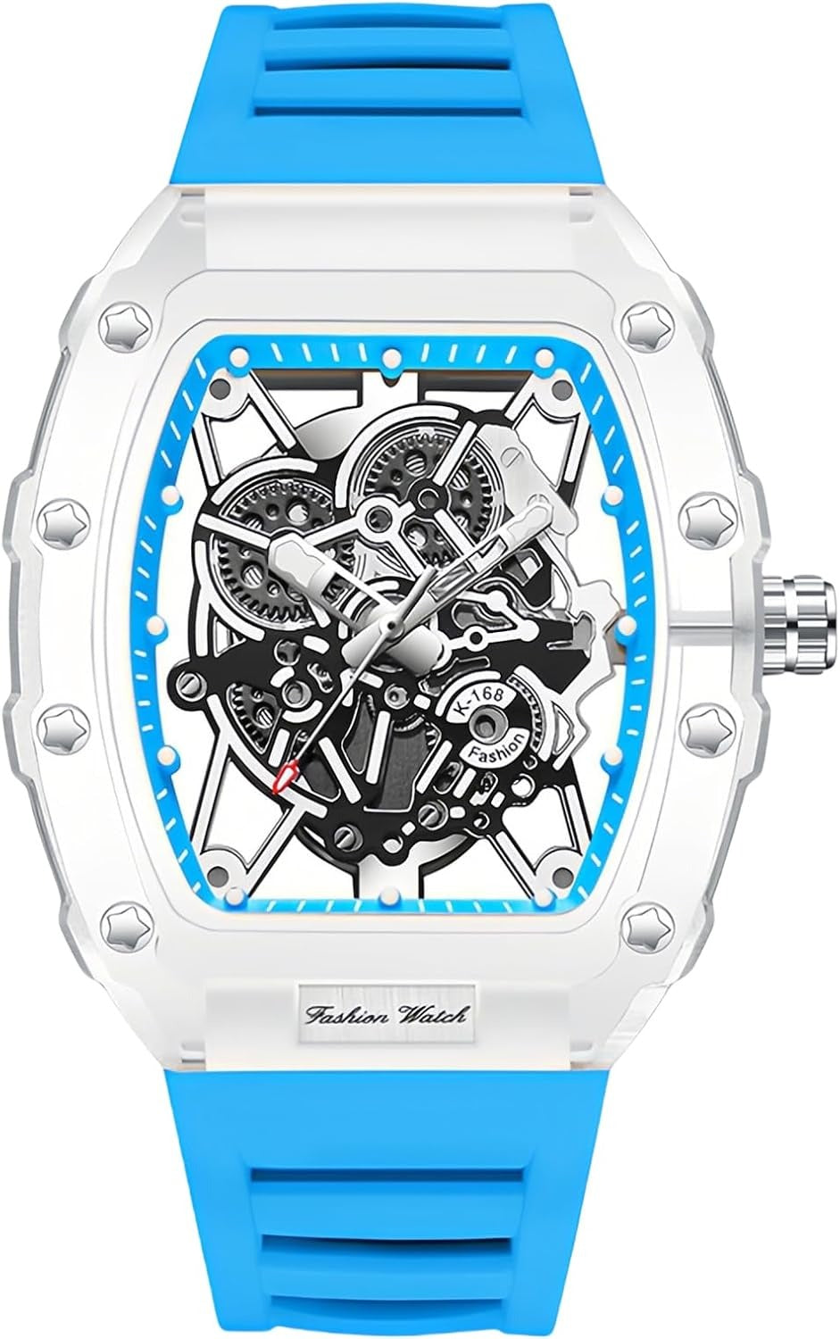 Fashion Hollowed Men Watches Tonneau Transparent Analog Display Silicone Strap Calendar Quartz Waterproof Trend Male Wrist Watch